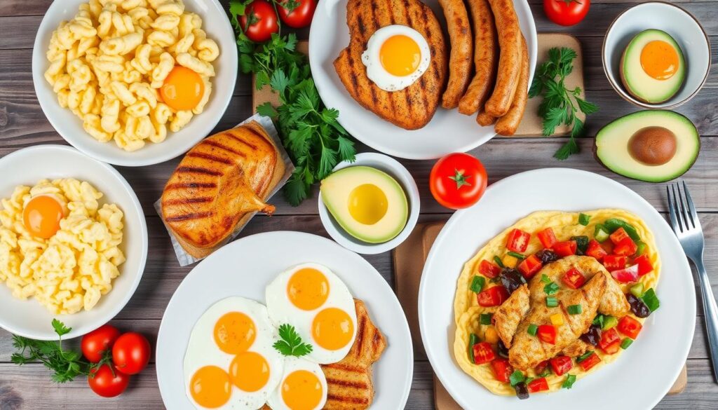 Eggs and chicken breakfast dishes