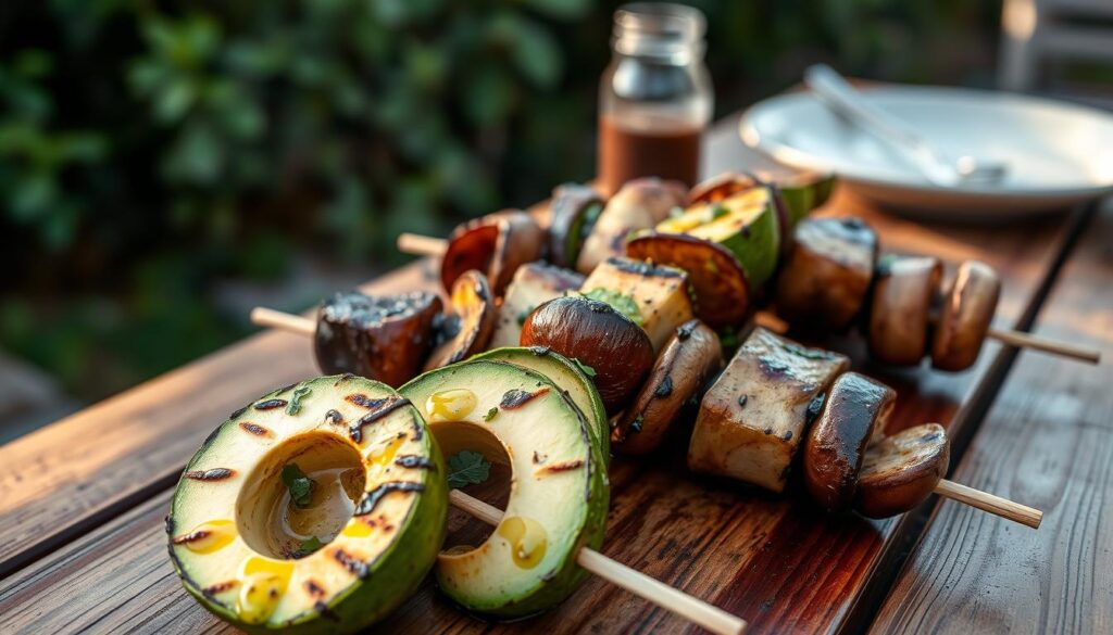 grilled avocado and mushroom skewers